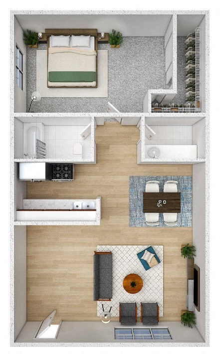 Floor plan for 1 bed, 1 bath, 560 sqft